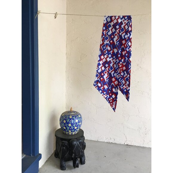 Geometric Red White & Blue Silk Scarf With Abstract Pattern Design - Picture 2 of 4